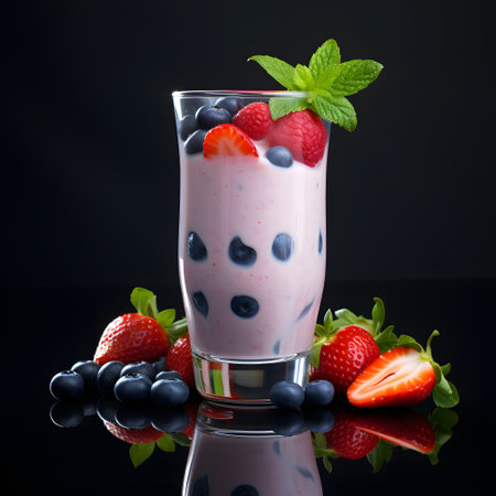 Yogurt with berries in a glass on a black backgroundの素材