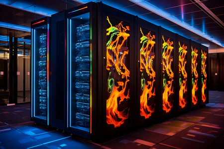 Server room data center with fire in the wallの素材