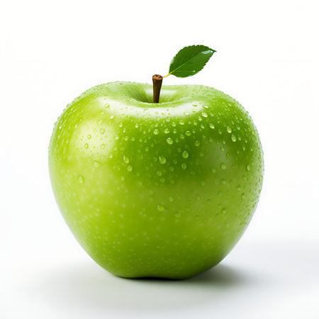 Fresh green apple with leaf on white backgroundの素材