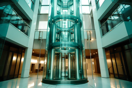 Glass tubular elevator in modern buildingの素材