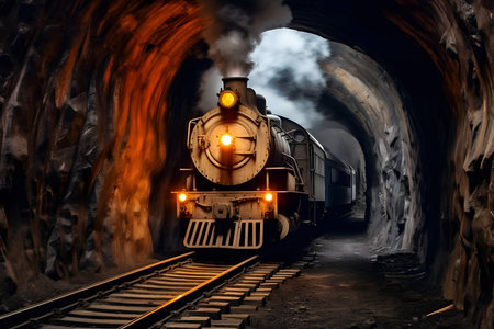 Old steam locomotive at night in tunnelの素材