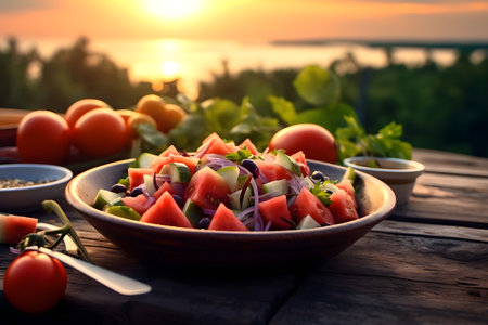 Plate of fresh watermelon salad on wooden tableの素材