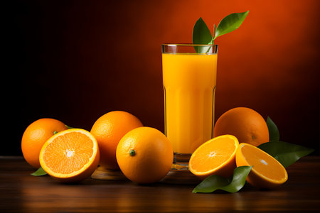 Glass of orange juice and fresh orangesの素材