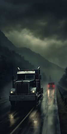 Truck on the road at sunset, transportation conceptの素材