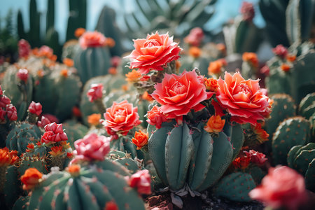 Cactus in botanic garden, closeup of cactuses with flowerの素材