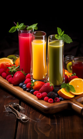 Variety of colorful fruit juices in glasses on a wooden backgroundの素材
