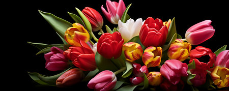 Bouquet of multicolored tulips on a black backgroundの素材