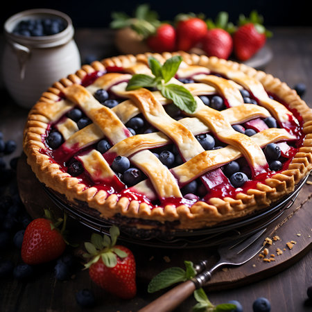 Strawberry and blueberry tart on wooden tableの素材