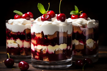 Dessert with fruit and cream in glasses on a dark background, layered trifle dessertの素材