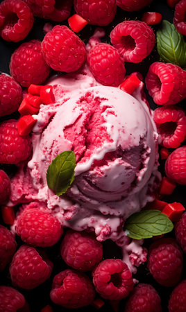 Summer ice cream with raspberry in a bowlの素材