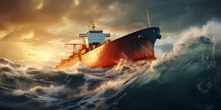 Tanker ship on the sea at sunsetの素材