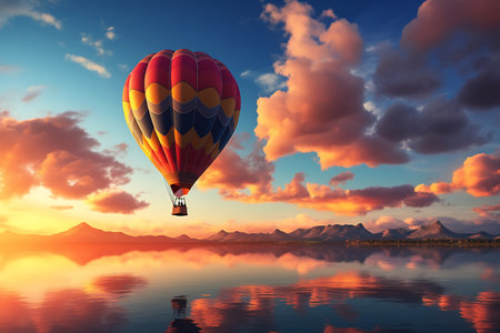 Hot air balloon over the lake at sunsetの素材