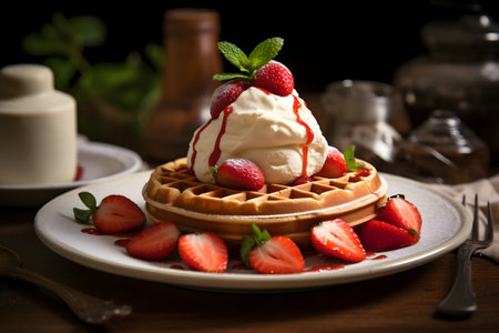 Belgian waffles with strawberries and whipped creamの素材