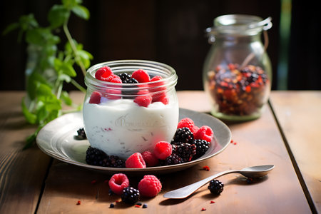 Yogurt with fresh berries on wooden backgroundの素材