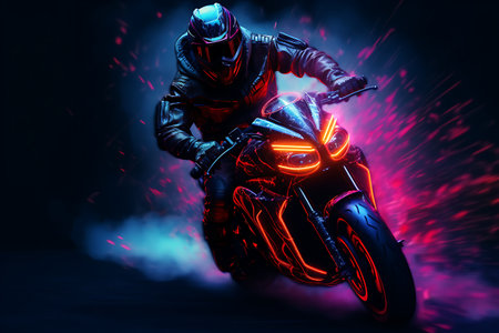 Motorcyclist riding on a motorcycle on a dark smoky neon lights backgroundの素材