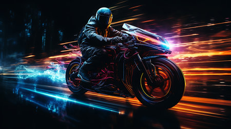 Motorcyclist riding a motorcycle with neon lights on a dark backgroundの素材
