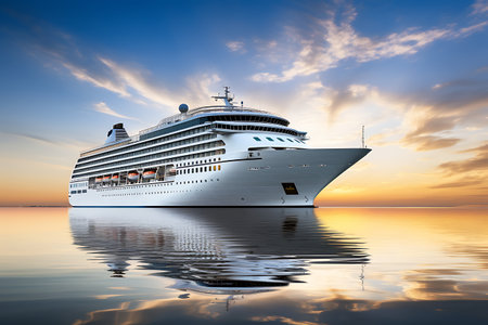 Luxury cruise ship on the water at sunsetの素材