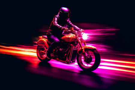 Motorcyclist riding on the road at night with neon lightsの素材