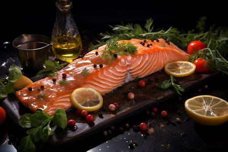 Fresh salmon fillet on black backgroundの素材