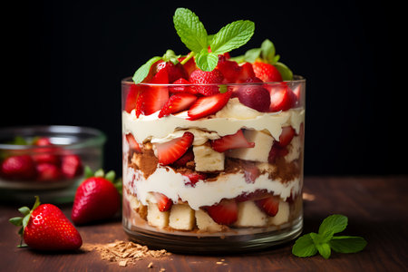 Tiramisu dessert in a glass with strawberries and mintの素材