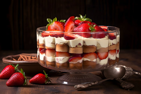 Tiramisu dessert in a glass with strawberries and mintの素材