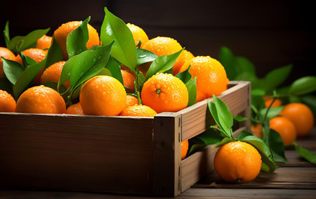 Fresh tangerines with leaves in a wooden boxの素材