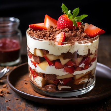 Tiramisu dessert in a glass with strawberries and mint on dark backgroundの素材