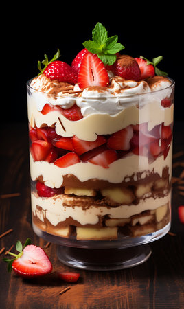 Tiramisu dessert in a glass with strawberries and mint on dark backgroundの素材