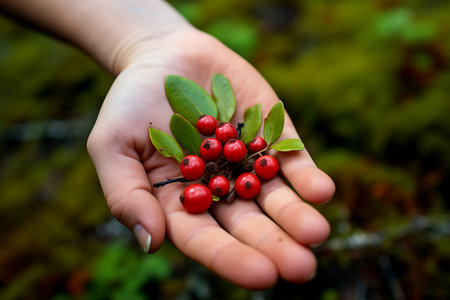Fresh Bearberry. Hand holding Bearberry fruitsの素材