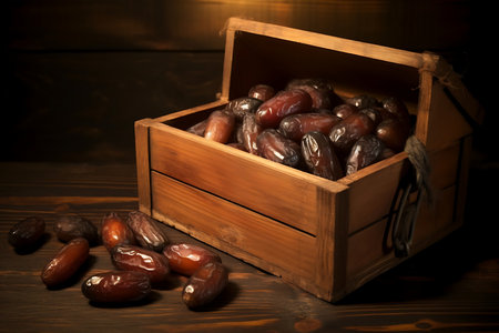 Date fruits in a wooden box on a dark background. Toned.の素材