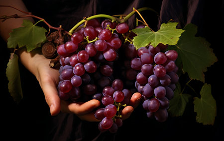 Fresh Grapes fruits. Ripe Grapes in handの素材