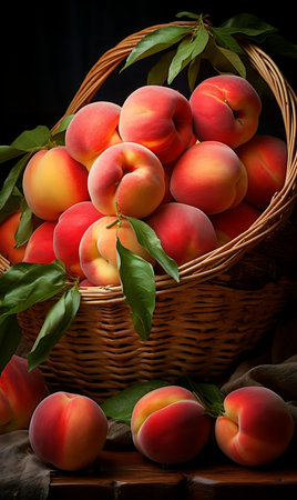 Fresh Peachs in a basket. Ripe Peach fruitの素材