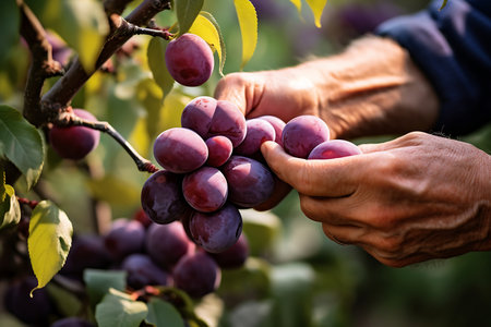 Picking ripe Plum from Plum orchardの素材