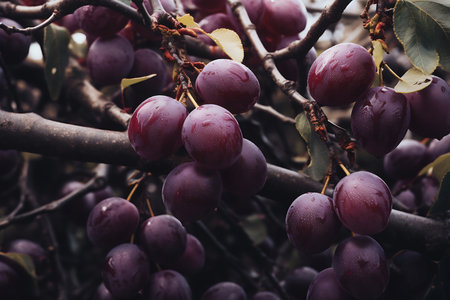 Plum on a tree in the orchard. Fresh Plum fruitsの素材