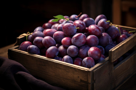 Fresh Plums in wooden crateの素材