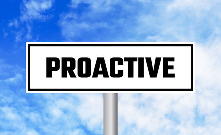 Proactive road sign on sky backgroundの写真素材