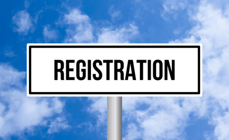 Registration road sign on blue sky backgroundの写真素材
