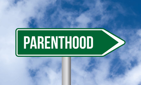 Parenthood road sign on blue sky backgroundの写真素材