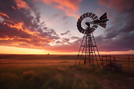 Windmill at sunset and cloudy skyの素材