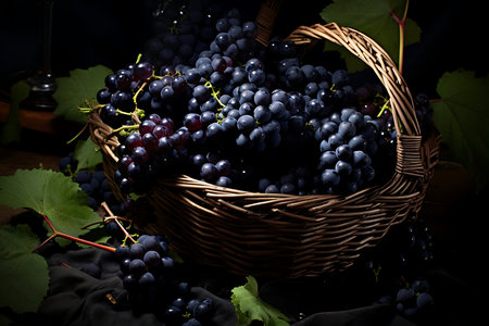 Fresh Black grapess in a basket. Ripe Black grapes fruitの素材