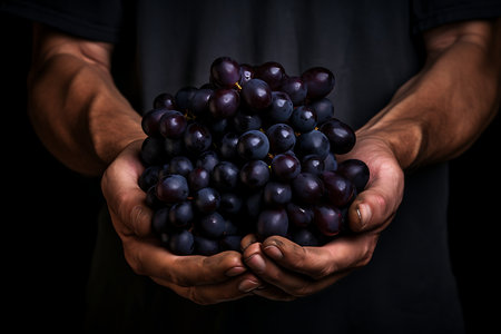 Fresh Black grapes fruits. Ripe Black grapes in handの素材