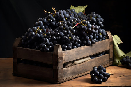 Fresh Black grapess in wooden crateの素材
