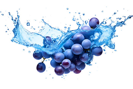 Blue grapes with water splashing on white backgroundの素材