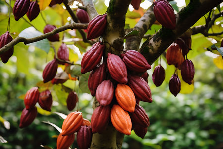Cacaos hanging from a tree branch in the Cacao orchardの素材