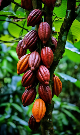 Cacaos hanging from a tree branch in the Cacao orchardの素材