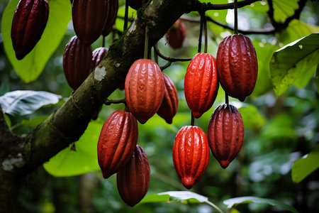 Cacao hanging on a tree. Cacao in the orchardの素材