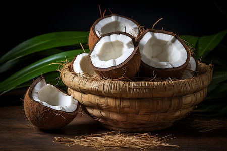 Fresh Coconuts in a basket. Coconut fruitの素材