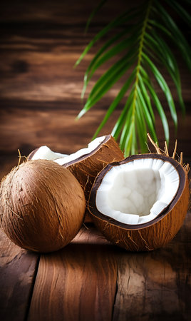 Fresh Coconuts on wooden backgroundの素材