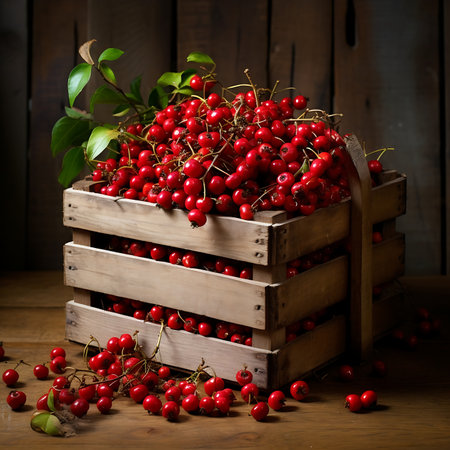 Hawthorn Berrys in wooden crate. Fresh Hawthorn Berrysの素材