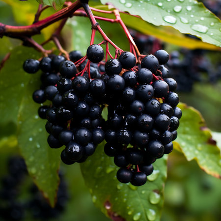 Elderberrys hanging from a tree branch in the Elderberry orchardの素材
